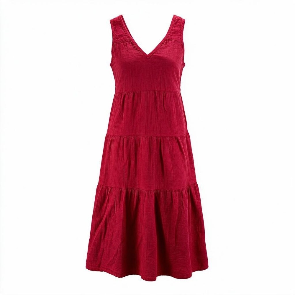 Quince Organic Cotton Gauze Tiered Maxi Dress Women L Red Excellent V-Neck #3015